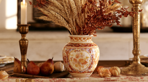Autumn table centerpiece featuring dried wheat, heirloom pears, and a hand-painted ceramic vase.