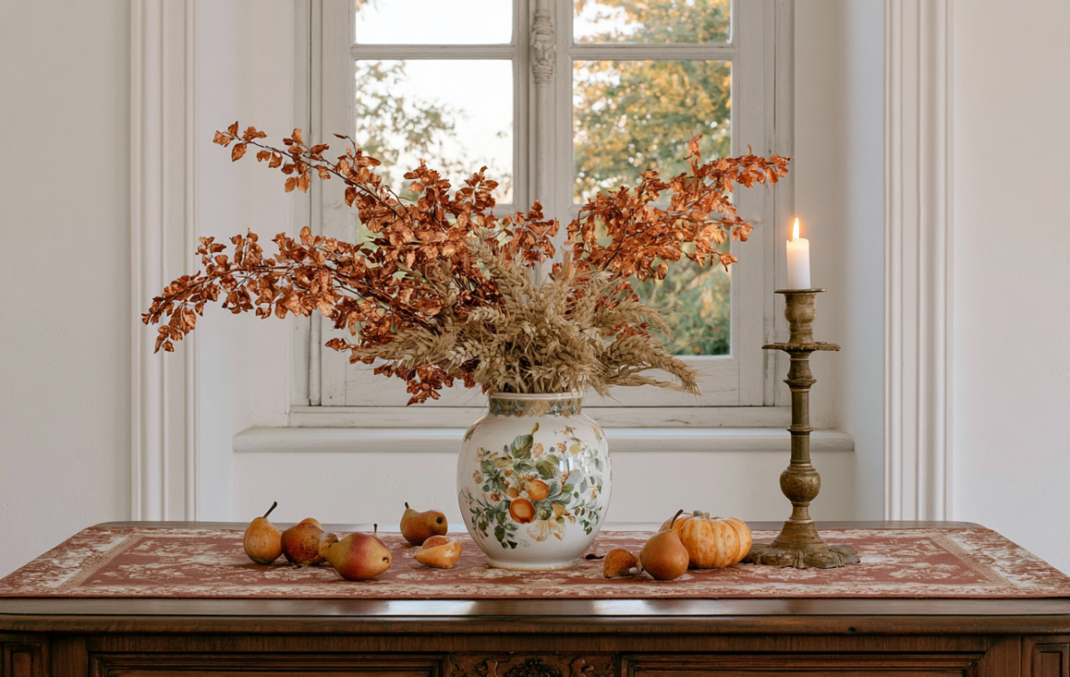 Autumn table centerpieces featuring dried copper leaves in a ceramic vase, pears, and a brass candlestick on a wood console.