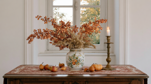 Autumn table centerpieces featuring dried copper leaves in a ceramic vase, pears, and a brass candlestick on a wood console.