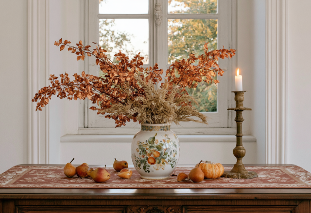 Autumn table centerpieces featuring dried copper leaves in a ceramic vase, pears, and a brass candlestick on a wood console.