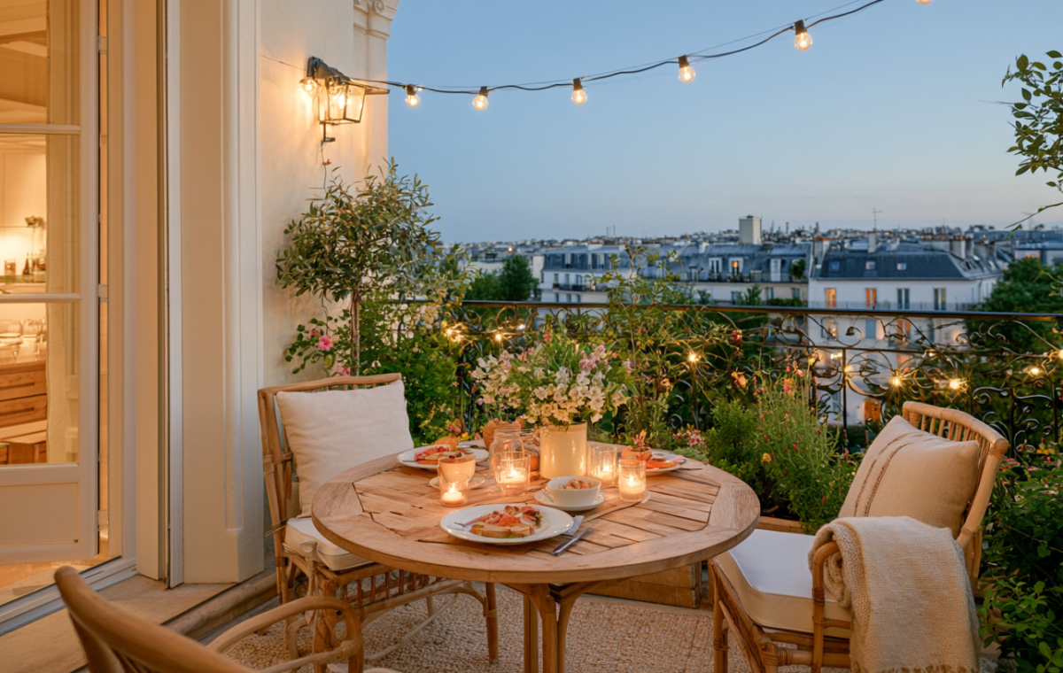 Chic balcony dining setup with a round wooden table, candles, and string lights overlooking city rooftops.