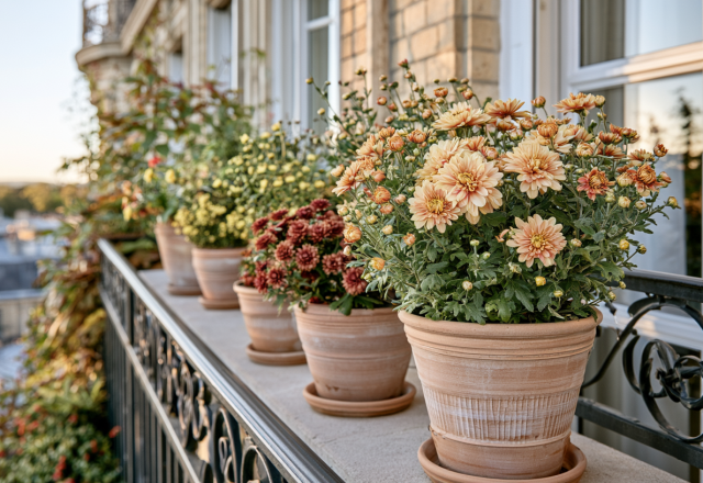 Terracotta balcony flower boxes filled with autumn chrysanthemums along an iron railing.