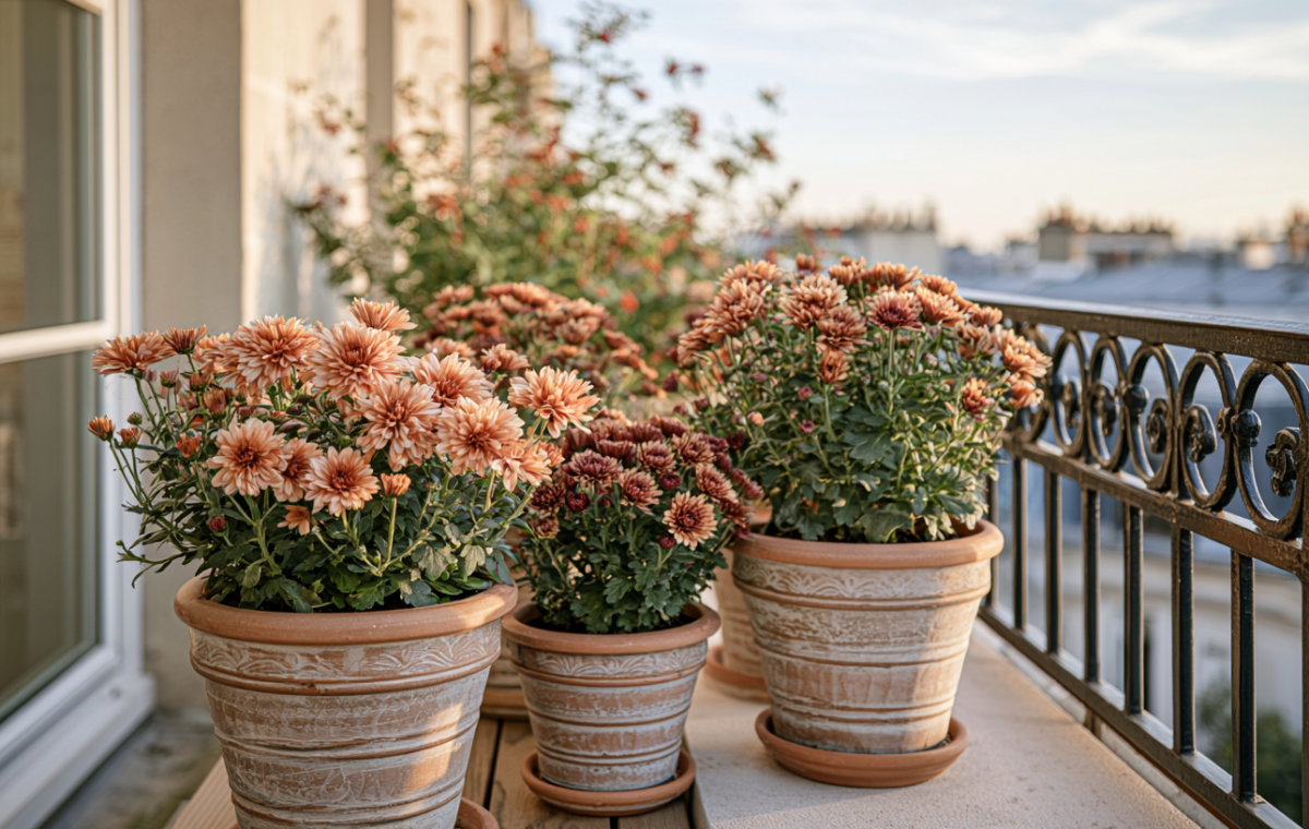 Arrangement of terracotta balcony flower pots filled with orange chrysanthemums along a wrought iron railing.