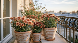 Arrangement of terracotta balcony flower pots filled with orange chrysanthemums along a wrought iron railing.