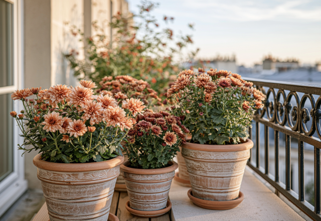 Arrangement of terracotta balcony flower pots filled with orange chrysanthemums along a wrought iron railing.