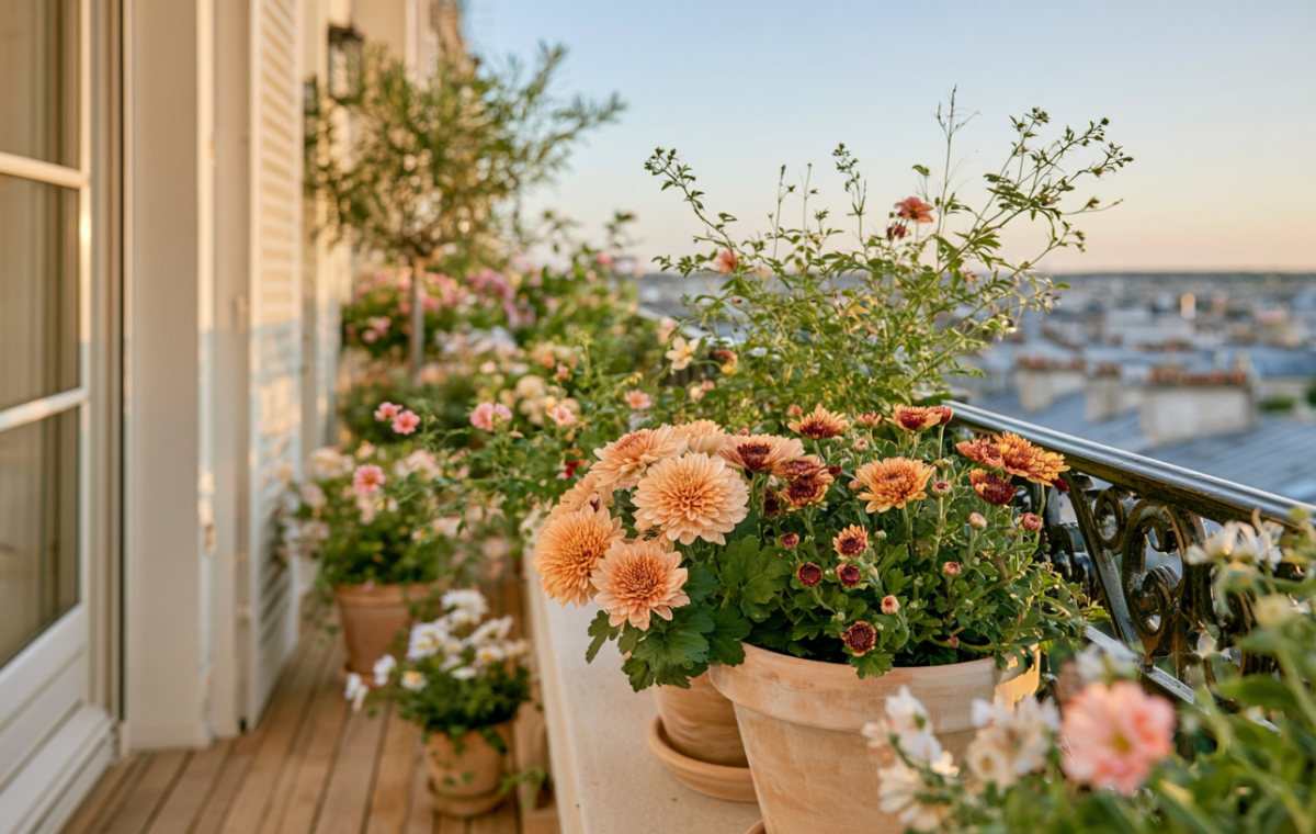 Terracotta pots filled with vibrant flowers lining a sunny balcony garden design overlooking the city.