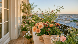 Charming balcony garden design featuring terracotta pots filled with flowers against an urban backdrop.