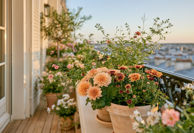 Charming balcony garden design featuring terracotta pots filled with flowers against an urban backdrop.