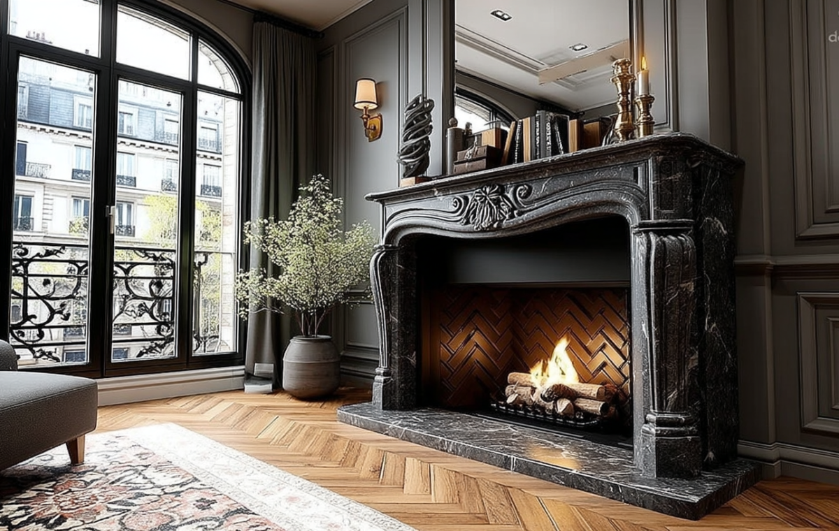 Elegant living room featuring a grand black marble fireplace and herringbone hardwood floors.