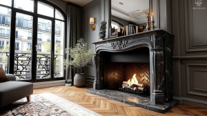 Elegant living room featuring a grand black marble fireplace and herringbone hardwood floors.