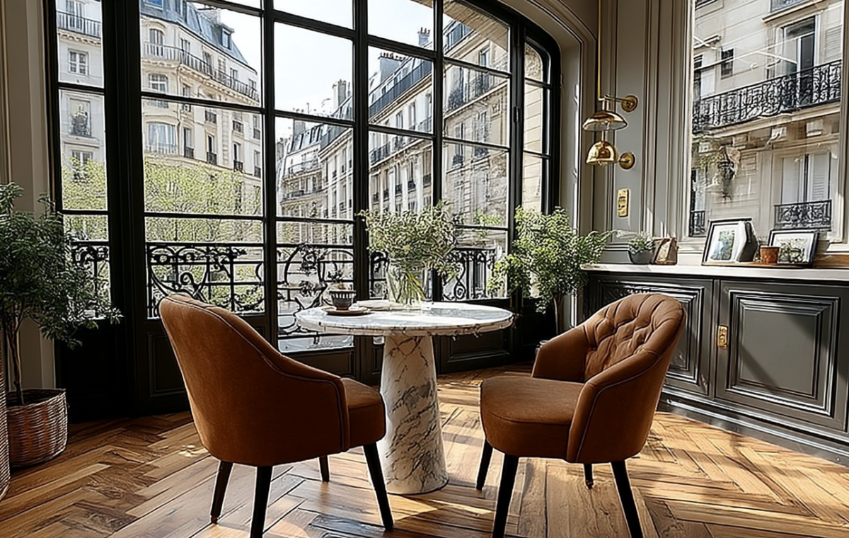 Chic breakfast nook ideas featuring rust armchairs, marble table, and large black grid windows.