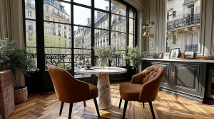 Chic breakfast nook ideas featuring rust armchairs, marble table, and large black grid windows.