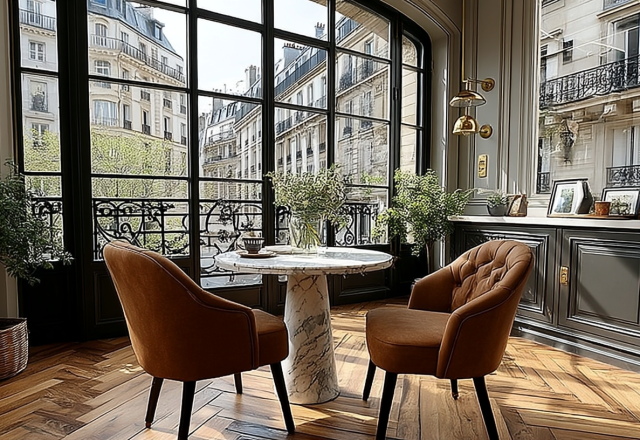 Chic breakfast nook ideas featuring rust armchairs, marble table, and large black grid windows.