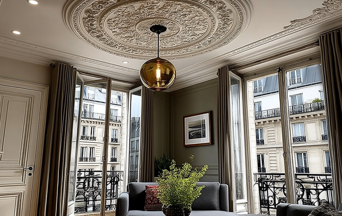 Elegant living room featuring a large ornate ceiling medallion design and amber pendant light.