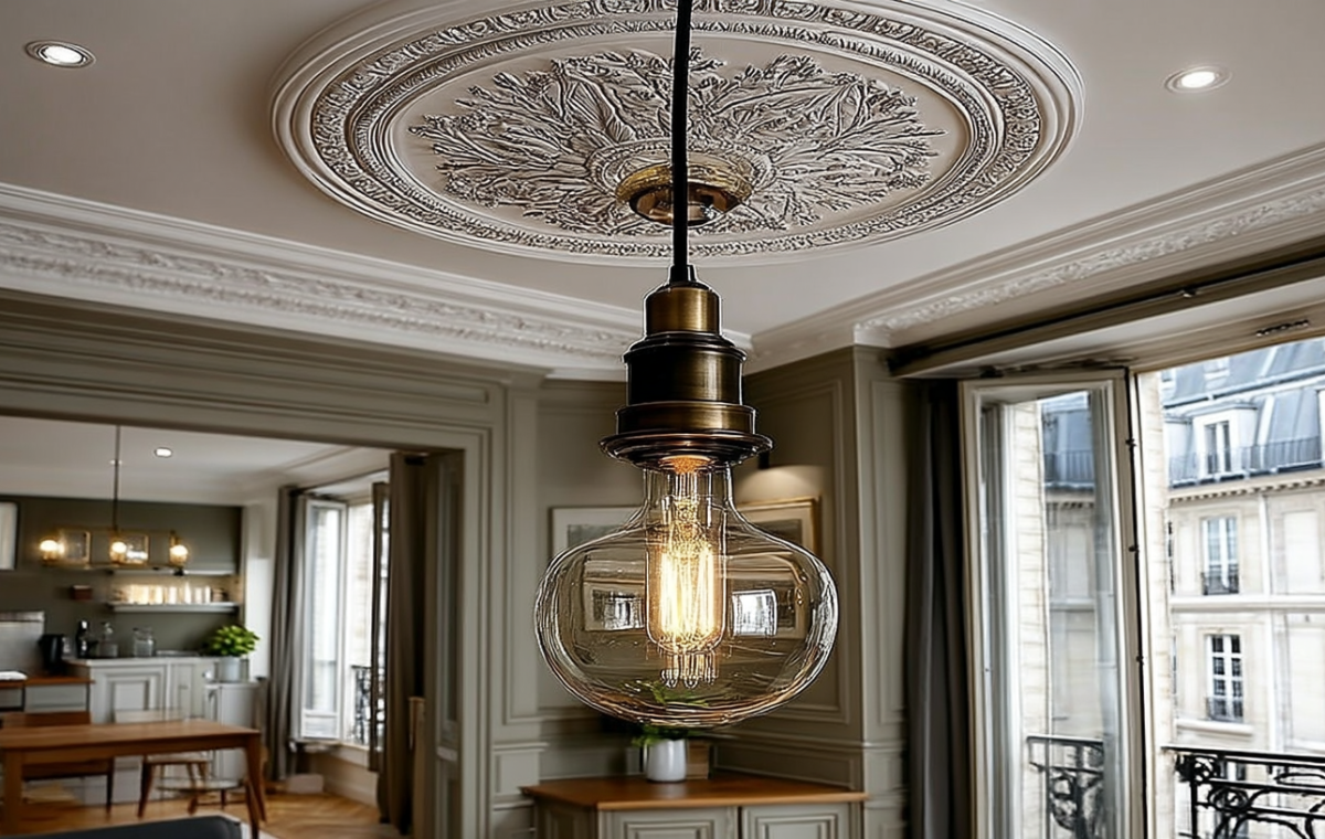 Close up of an ornate ceiling medallion design holding a vintage pendant light in a classic apartment.
