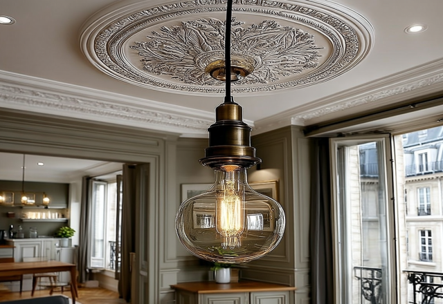 Close up of an ornate ceiling medallion design holding a vintage pendant light in a classic apartment.