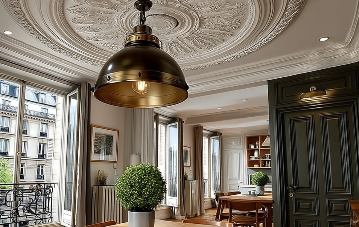 Detailed view of an ornate ceiling medallion design paired with a brass pendant light in a classic apartment.