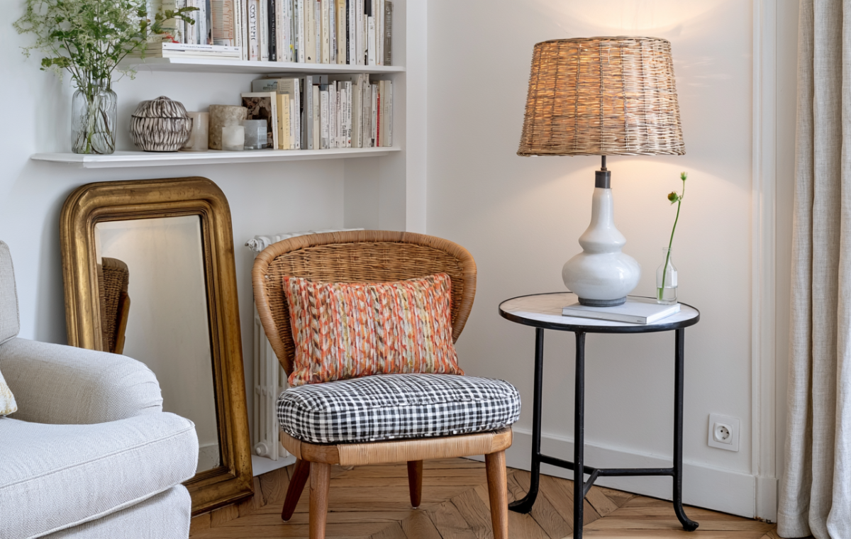Cozy corner reading nook ideas featuring a rattan armchair, round side table, and leaning gold mirror in a living room.