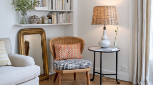 Cozy corner reading nook ideas featuring a rattan armchair, round side table, and leaning gold mirror in a living room.