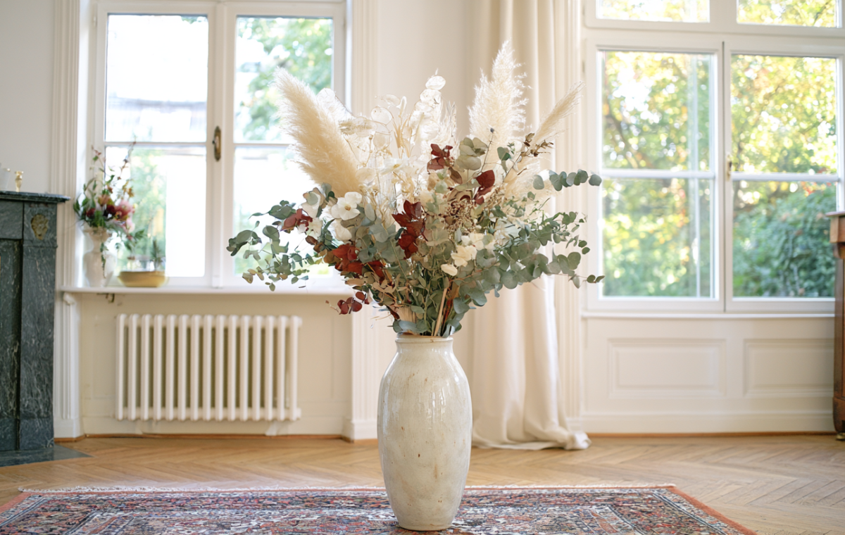 A large dried floral arrangement featuring pampas grass and eucalyptus inside a ceramic vase in a living room.