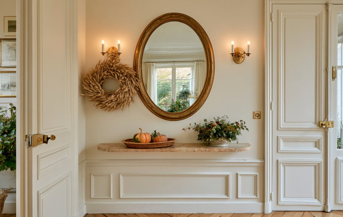 An elegant entryway wall mirror framed in brass hangs above a slim console table with sconces and a wheat wreath.