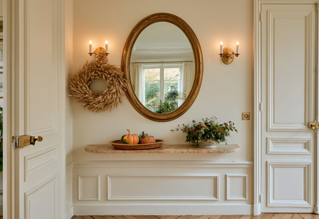 An elegant entryway wall mirror framed in brass hangs above a slim console table with sconces and a wheat wreath.