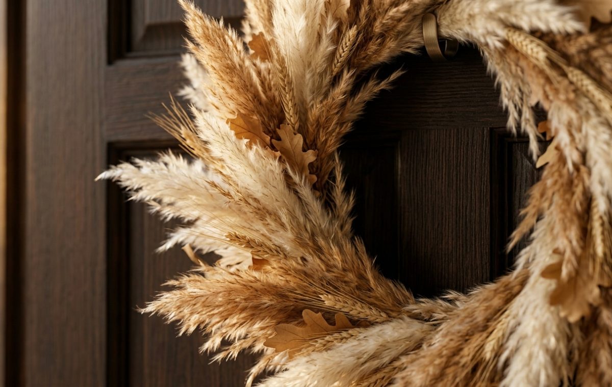 A minimalist fall front door wreath made of pampas grass and wheat hanging on a dark wood door.