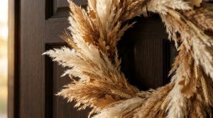 A minimalist fall front door wreath made of pampas grass and wheat hanging on a dark wood door.