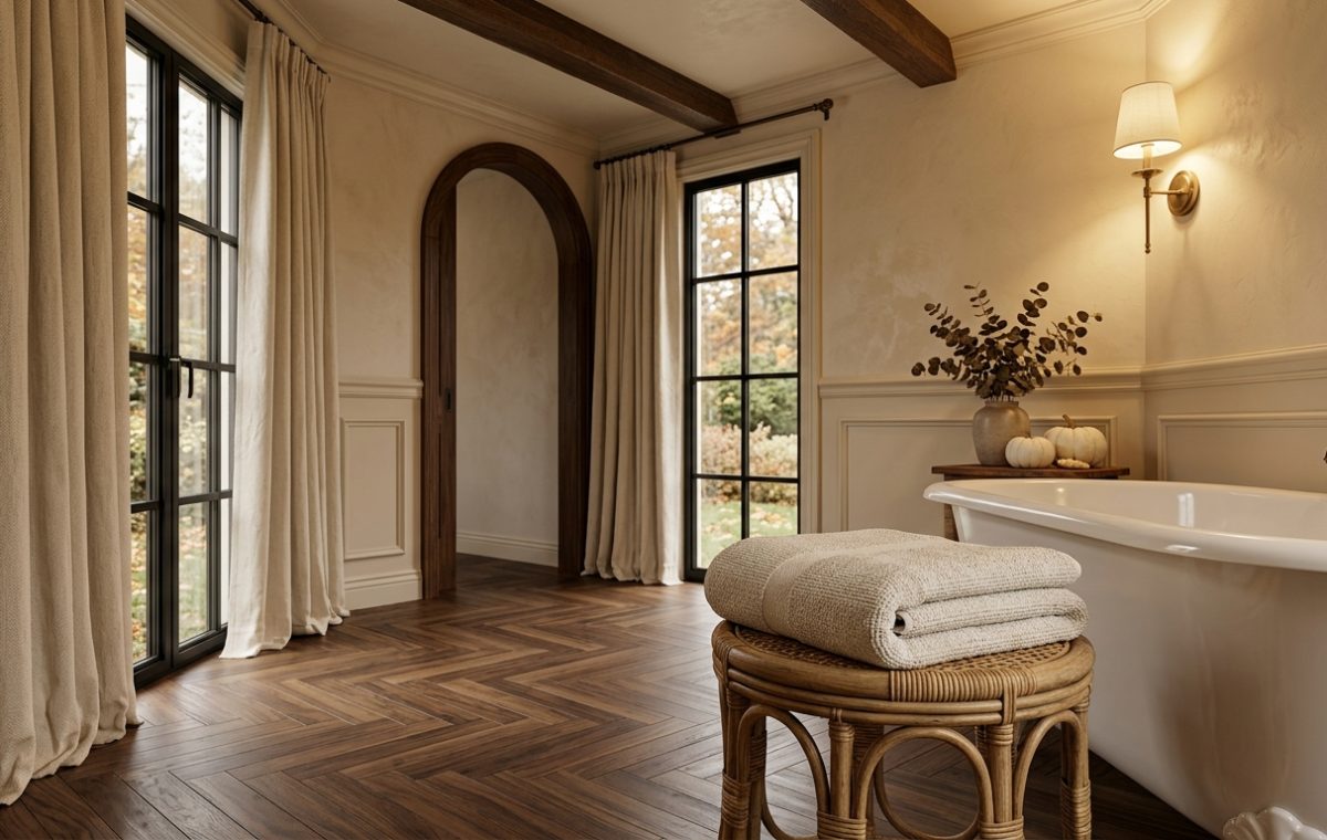 A luxurious primary bathroom featuring a freestanding bathtub design and dark wood herringbone floors under natural light.