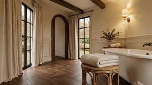 A luxurious primary bathroom featuring a freestanding bathtub design and dark wood herringbone floors under natural light.