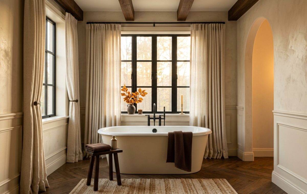 A luxurious freestanding bathtub positioned by a large window in a neutral primary bathroom with wooden floors and linen curtains.