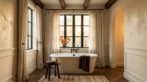 A luxurious freestanding bathtub positioned by a large window in a neutral primary bathroom with wooden floors and linen curtains.