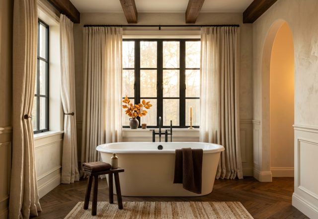 A luxurious freestanding bathtub positioned by a large window in a neutral primary bathroom with wooden floors and linen curtains.