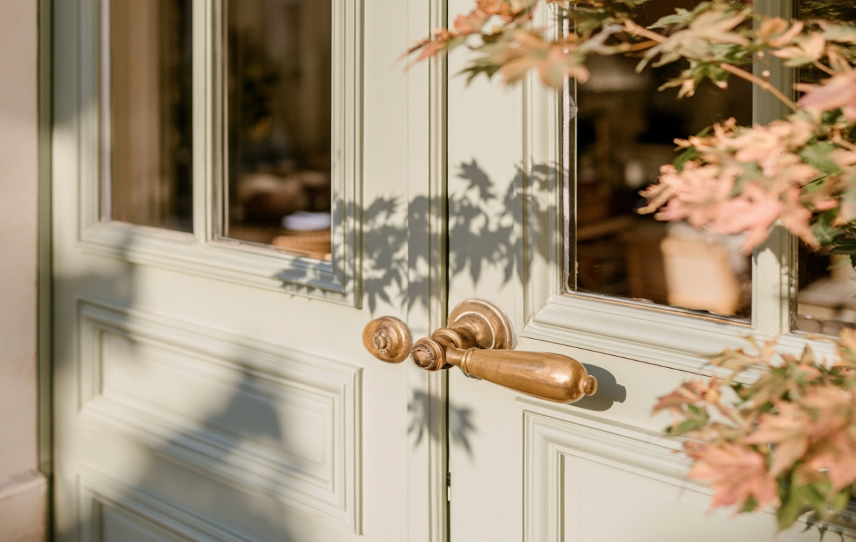Close up of a sage green front door with polished brass handle and maple tree leaf shadows.