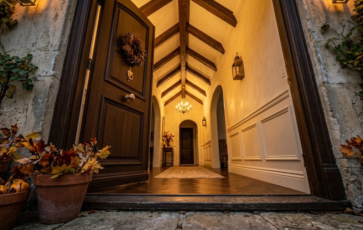 Warmly lit front entryway design featuring dark wood double doors and exposed wooden beams.
