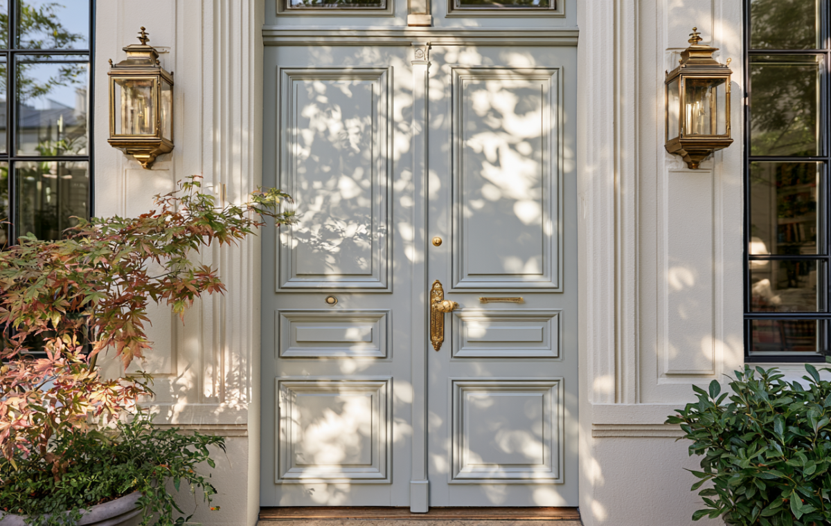 Elegant front entryway design featuring soft grey double doors, vintage brass lanterns, and lush potted plants.
