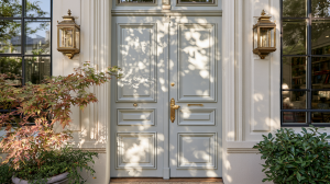 Elegant front entryway design featuring soft grey double doors, vintage brass lanterns, and lush potted plants.