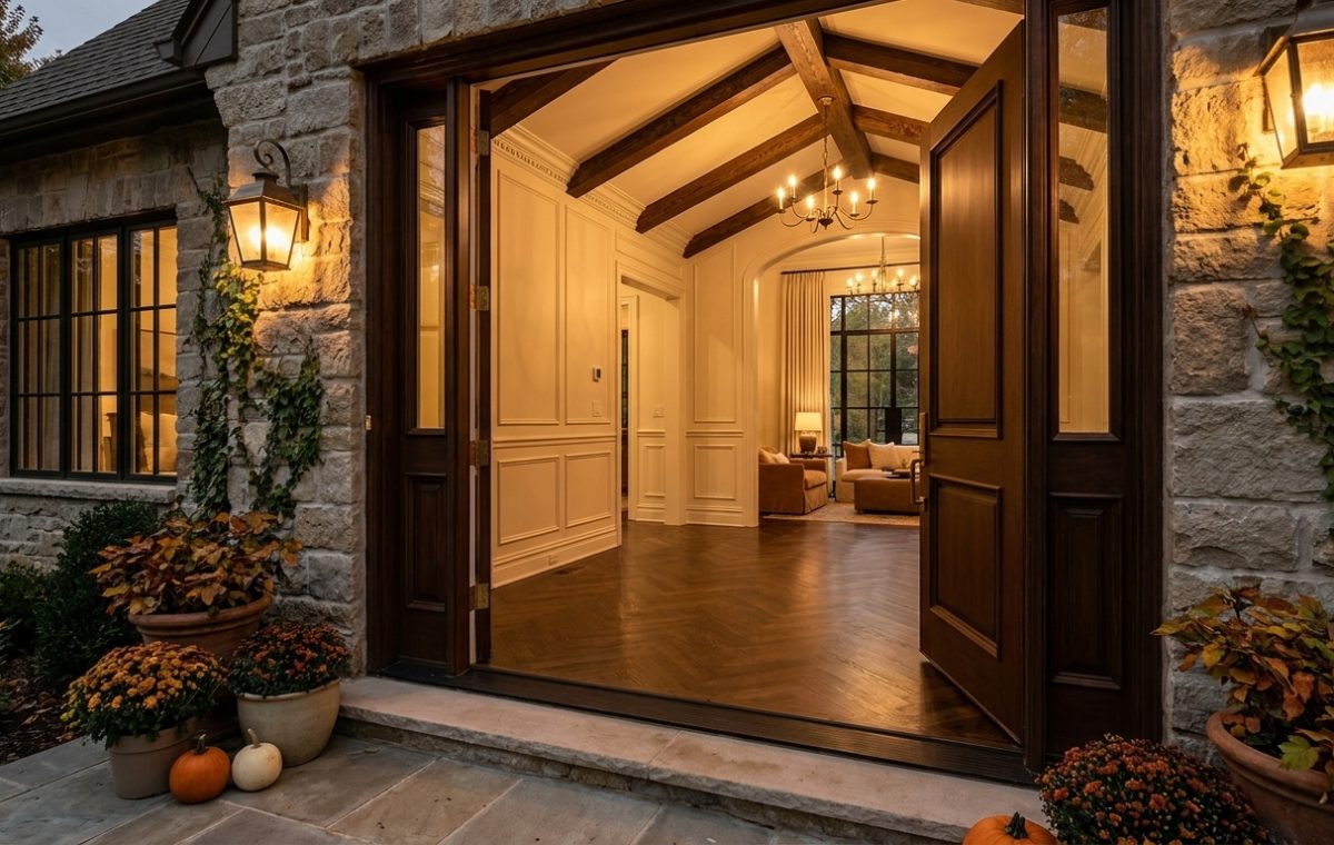 Elegant front entryway design featuring wooden double doors, stone exterior, and warm interior lighting