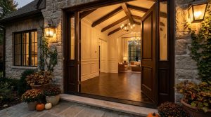 Elegant front entryway design featuring wooden double doors, stone exterior, and warm interior lighting