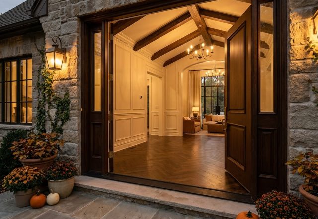 Elegant front entryway design featuring wooden double doors, stone exterior, and warm interior lighting