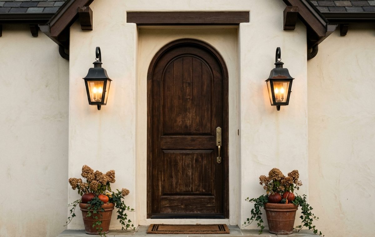 Arched dark wood front entryway door design with stucco walls and black lanterns