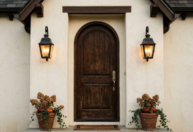 Arched dark wood front entryway door design with stucco walls and black lanterns