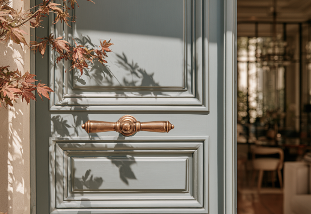 Elegant front entryway door design featuring a warm brass handle and classic panels.