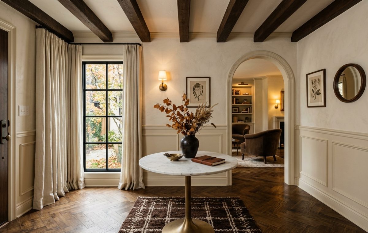 Elegant front entryway interior design featuring herringbone floors, an arched hallway, and a round marble table.
