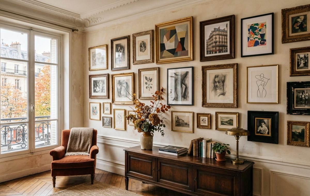 Eclectic living room with a dense salon-style gallery wall displaying various vintage framed artworks.
