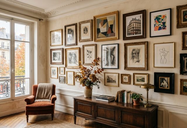 Eclectic living room with a dense salon-style gallery wall displaying various vintage framed artworks.