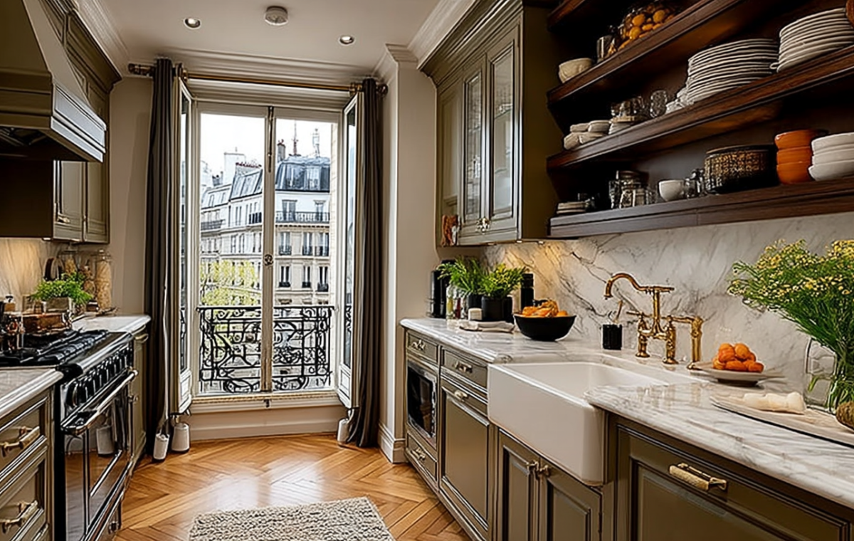 Elegant galley kitchen design featuring olive green cabinets, marble countertops, and open wooden shelving.