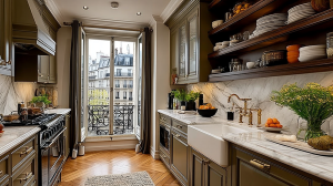 Elegant galley kitchen design featuring olive green cabinets, marble countertops, and open wooden shelving.