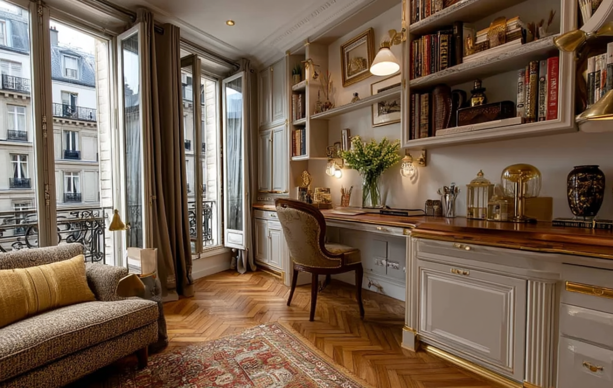 Elegant home office interior with built-in bookshelves, brass task lighting, and French balcony doors.