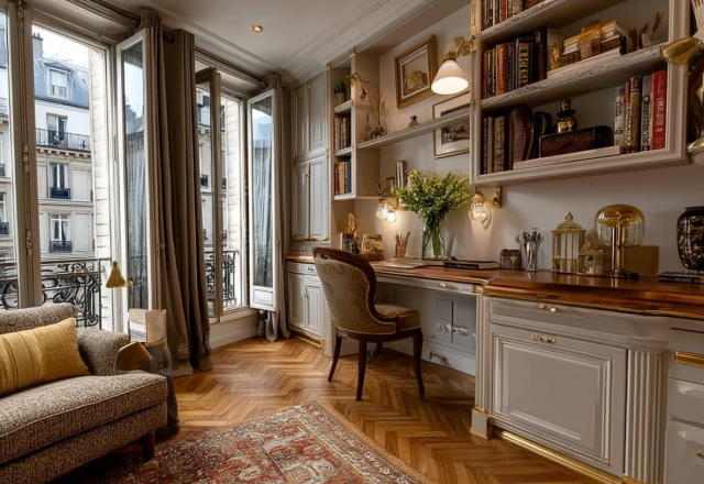 Elegant home office interior with built-in bookshelves, brass task lighting, and French balcony doors.